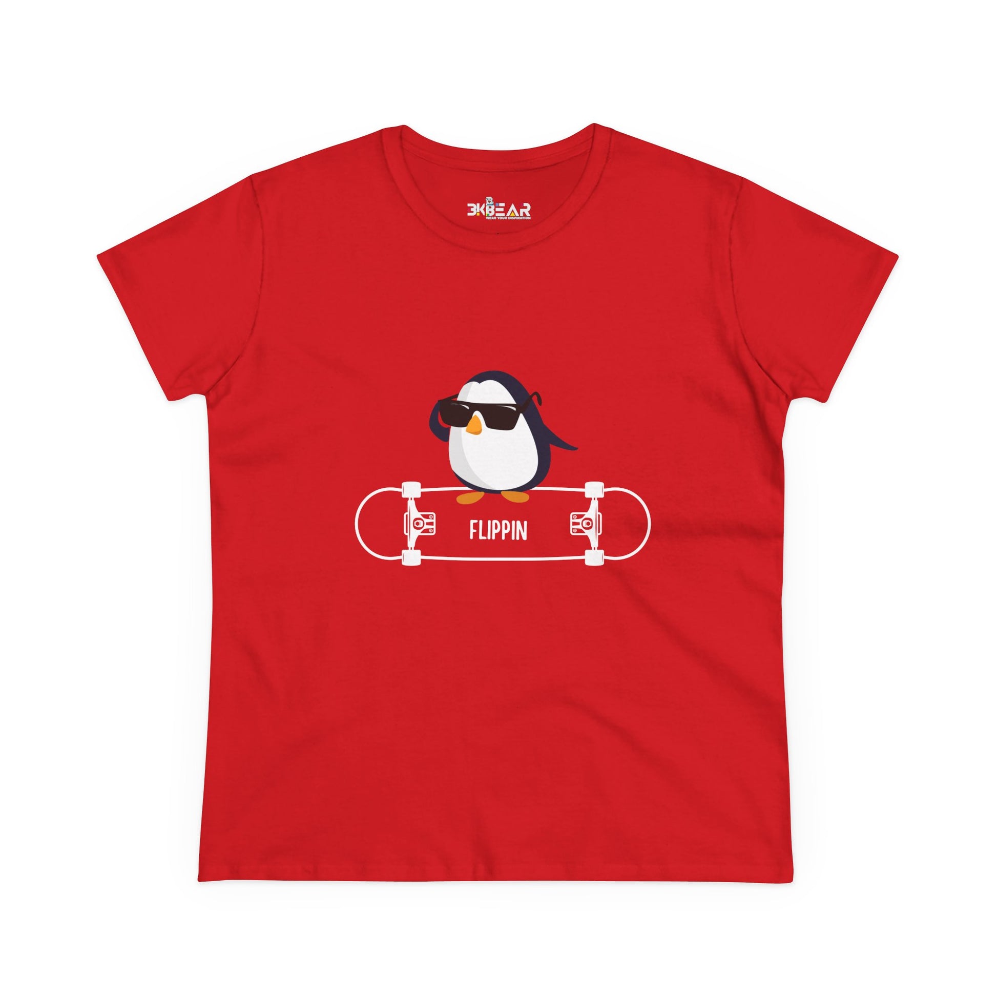 Red Adélie penguin tee with cool penguin wearing sunglasses on skateboard graphic
