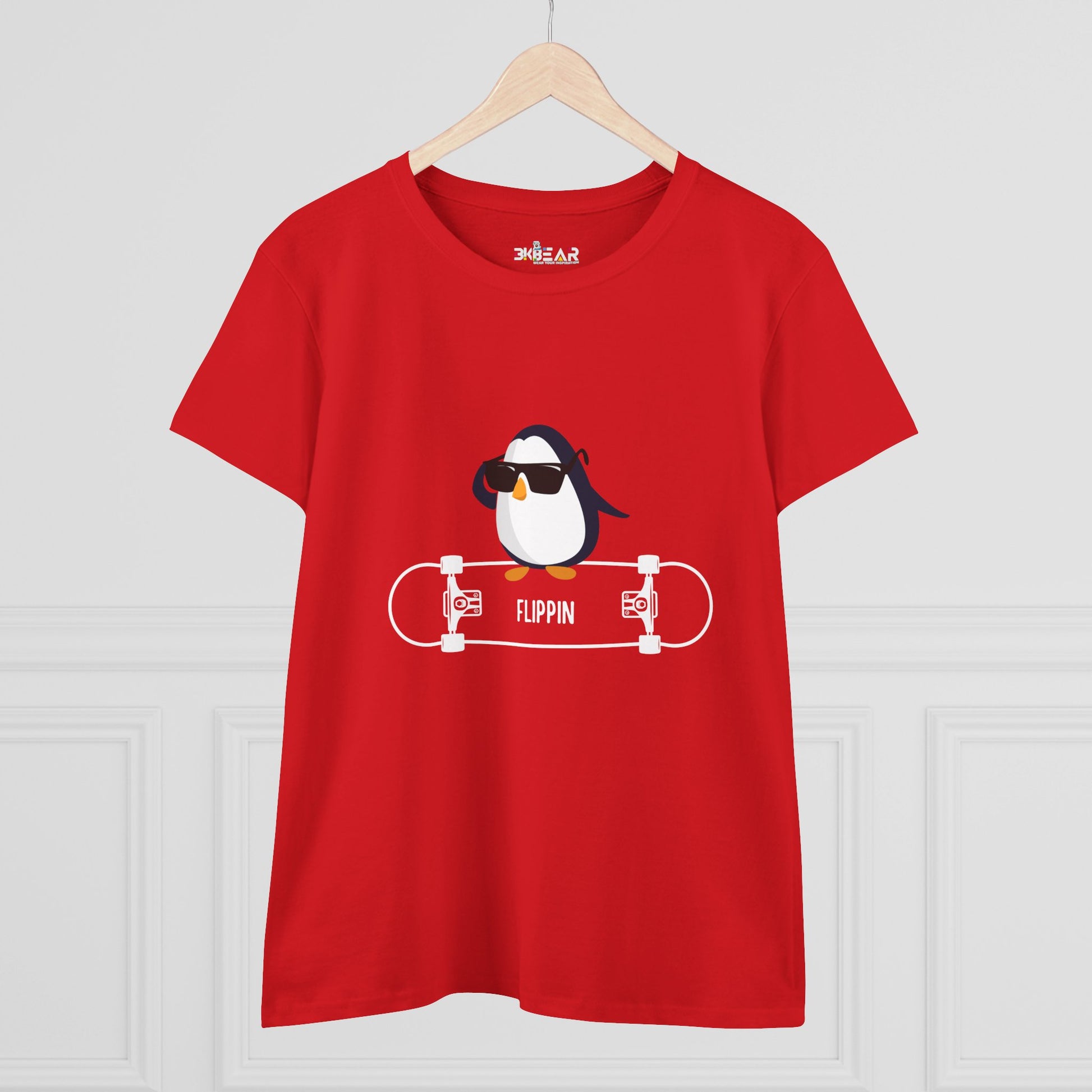 Red Printify t-shirt featuring a cool Adélie penguin tee design with sunglasses and skateboard graphic
