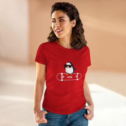 Red Printify T-Shirt featuring a cool Adélie penguin tee graphic with sunglasses and skateboard