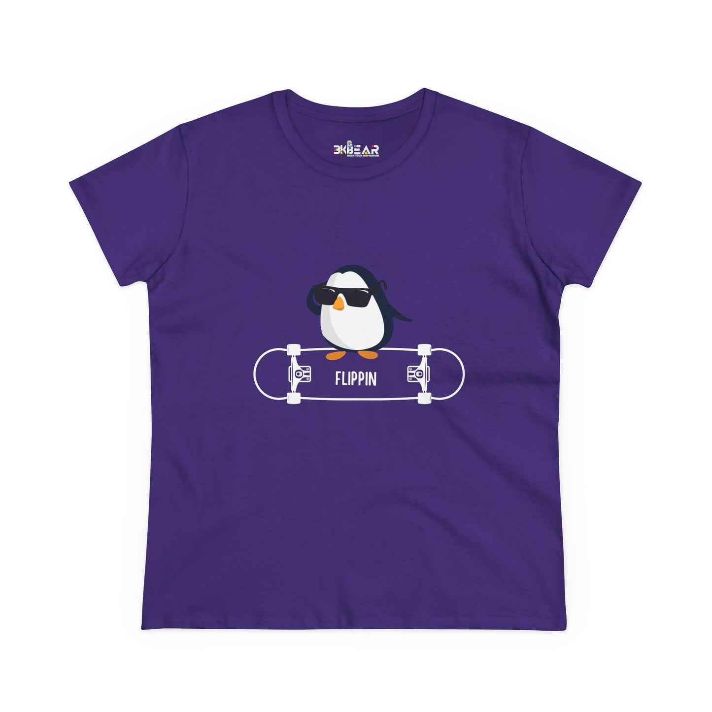 Purple Printify t-shirt featuring a cool Adélie penguin tee graphic with sunglasses and skateboard