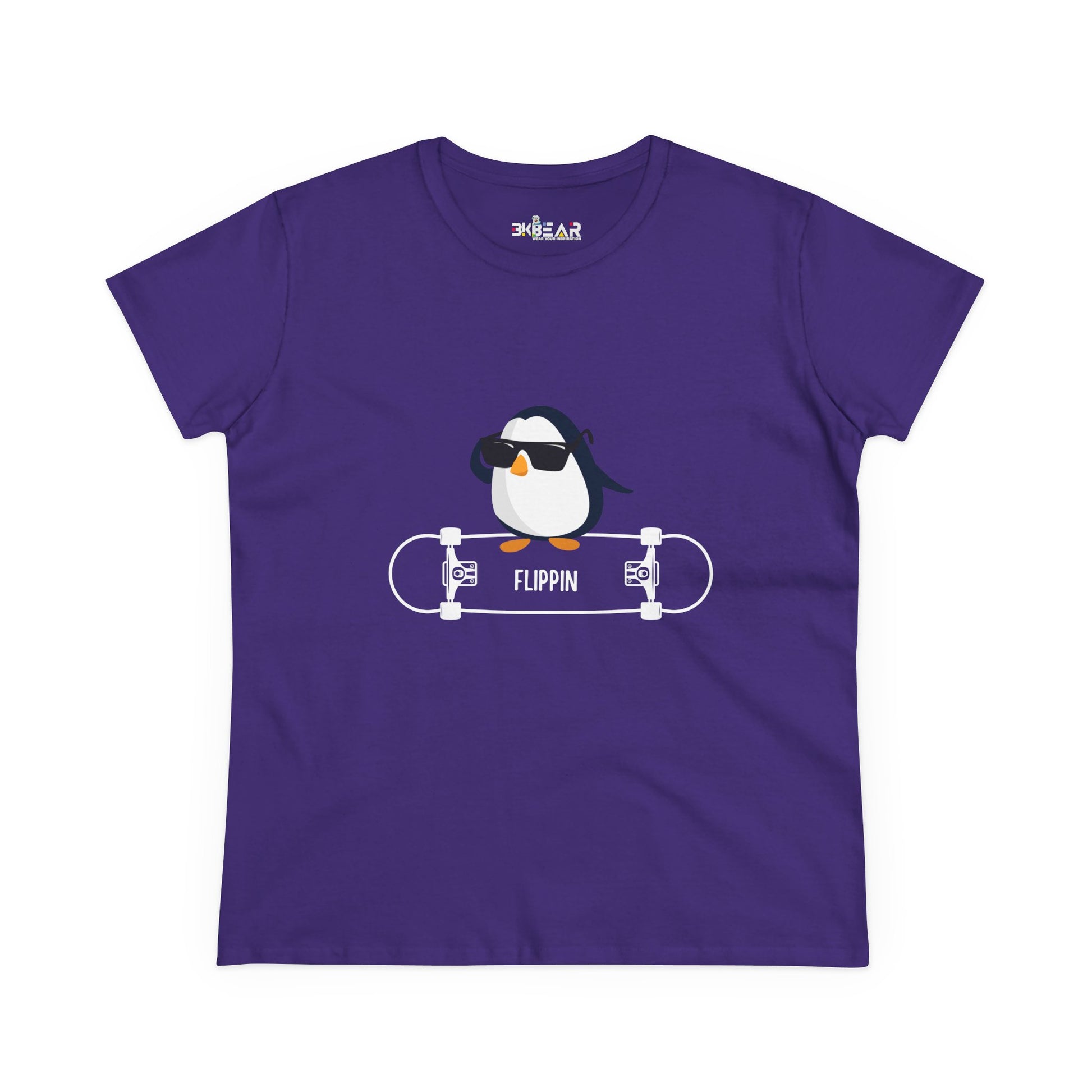 Purple Printify t-shirt featuring a cool Adélie penguin tee graphic with sunglasses and skateboard