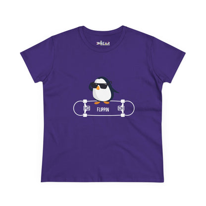 Purple Printify t-shirt featuring a cool Adélie penguin tee graphic with sunglasses and skateboard