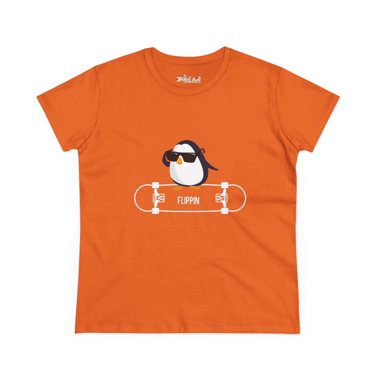 Printify orange Adélie penguin tee with cool penguin wearing sunglasses and skateboard graphic