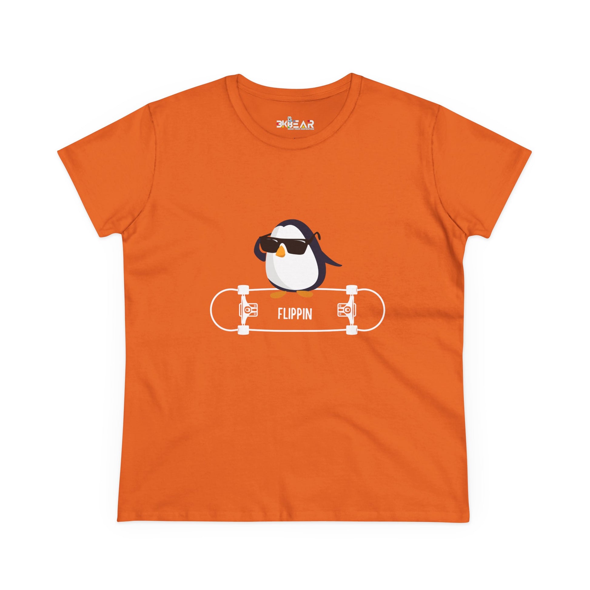 Printify orange Adélie penguin tee with cool penguin wearing sunglasses and skateboard graphic