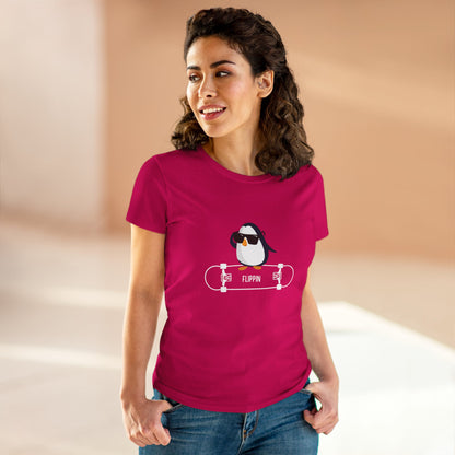 Woman wearing a bright pink Adélie penguin tee with a skateboarding penguin graphic from Printify