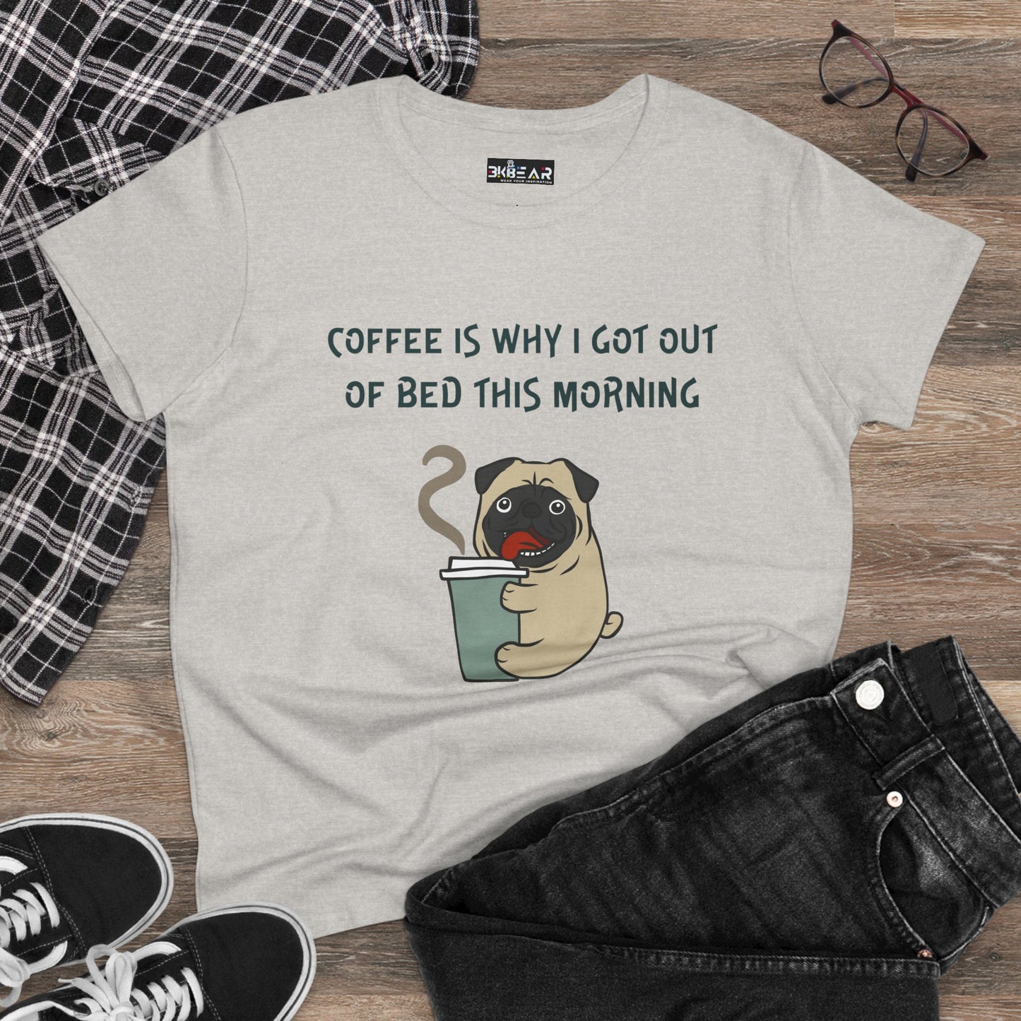 Light gray bulldog coffee shirt for women featuring a cute pug holding a coffee cup and text coffee is why I got out of bed