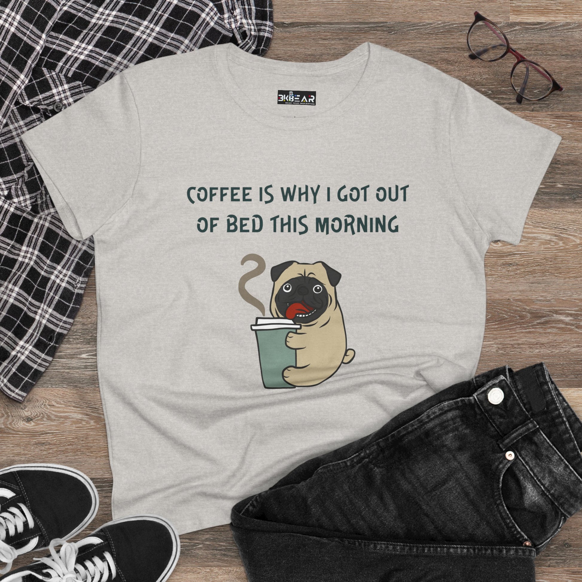 Light gray bulldog coffee shirt for women featuring a cute pug holding a coffee cup and text coffee is why I got out of bed
