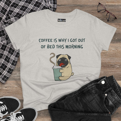 Light gray bulldog coffee shirt for women featuring a cute pug holding a coffee cup and text coffee is why I got out of bed