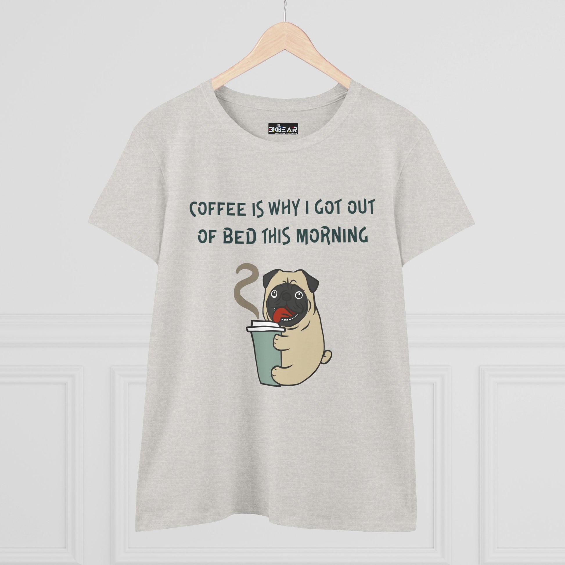 Printify bulldog coffee shirt for women with a cute pug holding a coffee cup and morning text