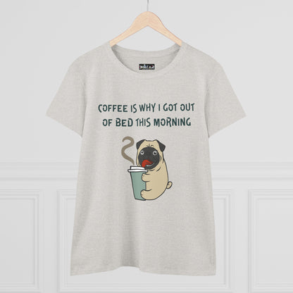 Printify bulldog coffee shirt for women with a cute pug holding a coffee cup and morning text
