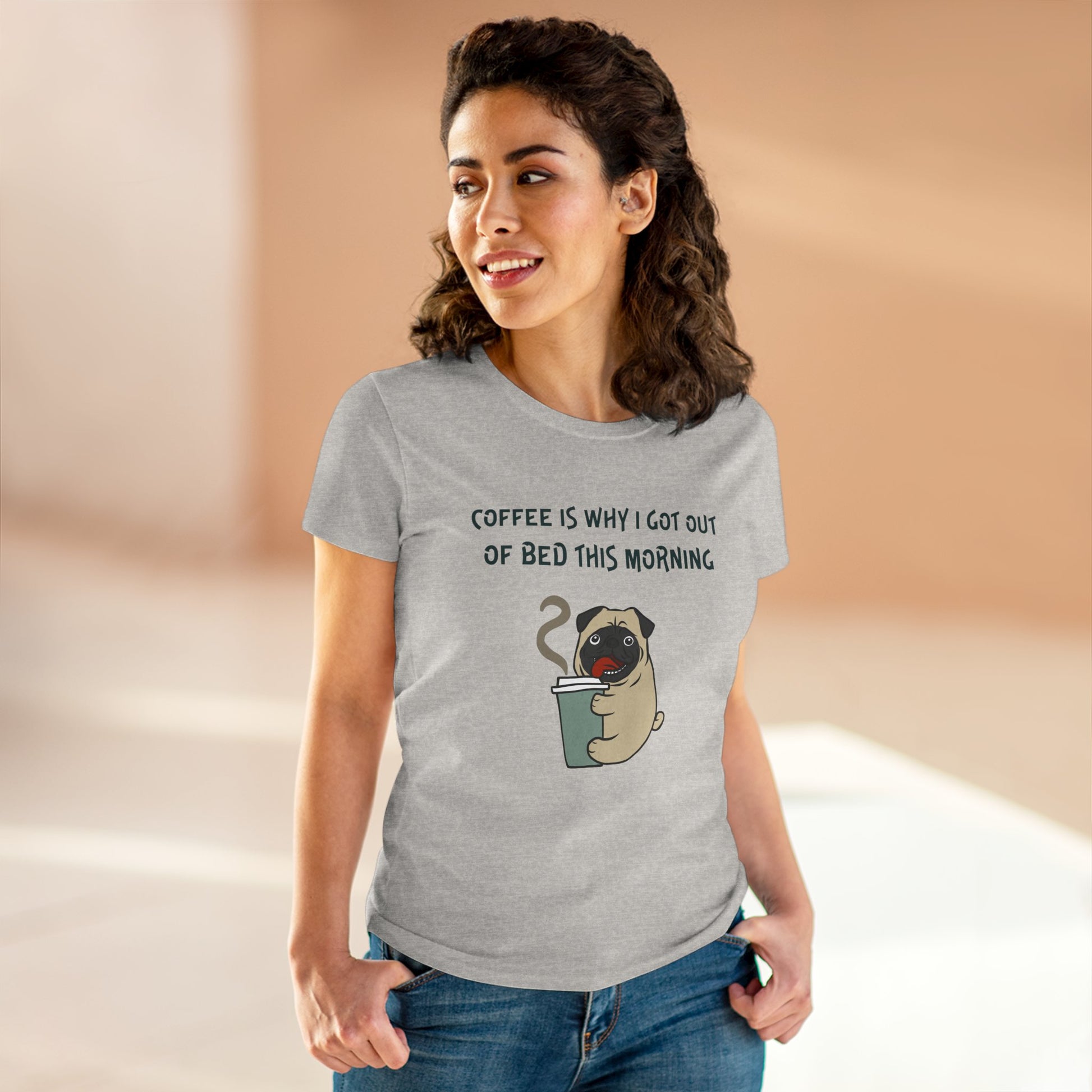 Gray bulldog coffee shirt for women with cute pug and coffee cup graphic by Printify