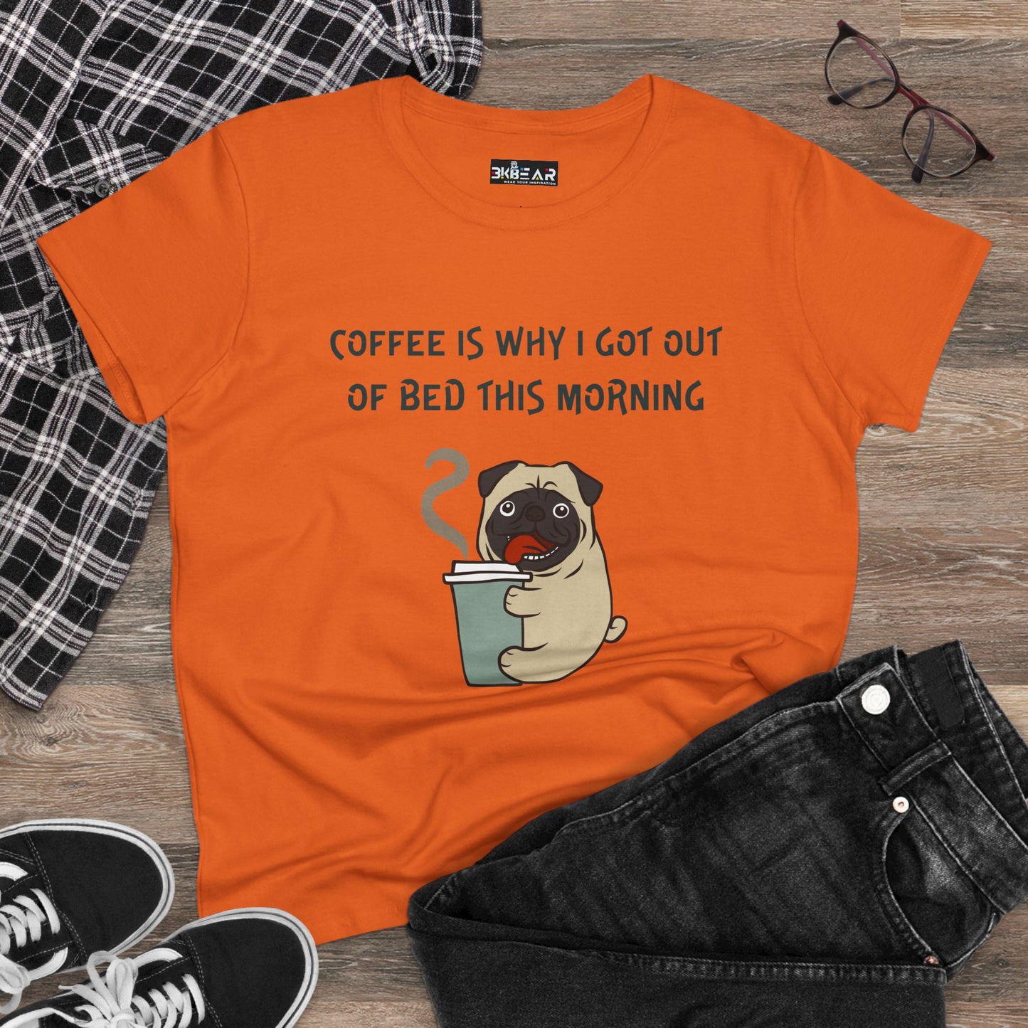 Orange bulldog coffee shirt for women with cute pug holding coffee cup and coffee quote