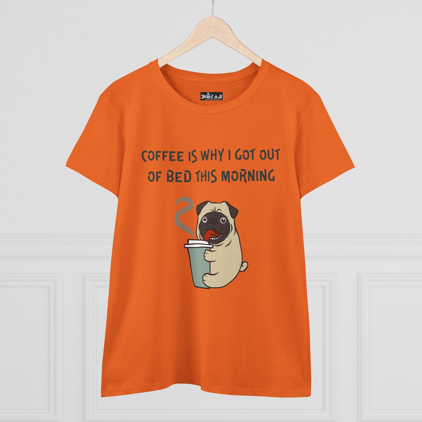 Orange Printify T-shirt featuring a cartoon bulldog holding coffee with quote bulldog coffee shirt for women