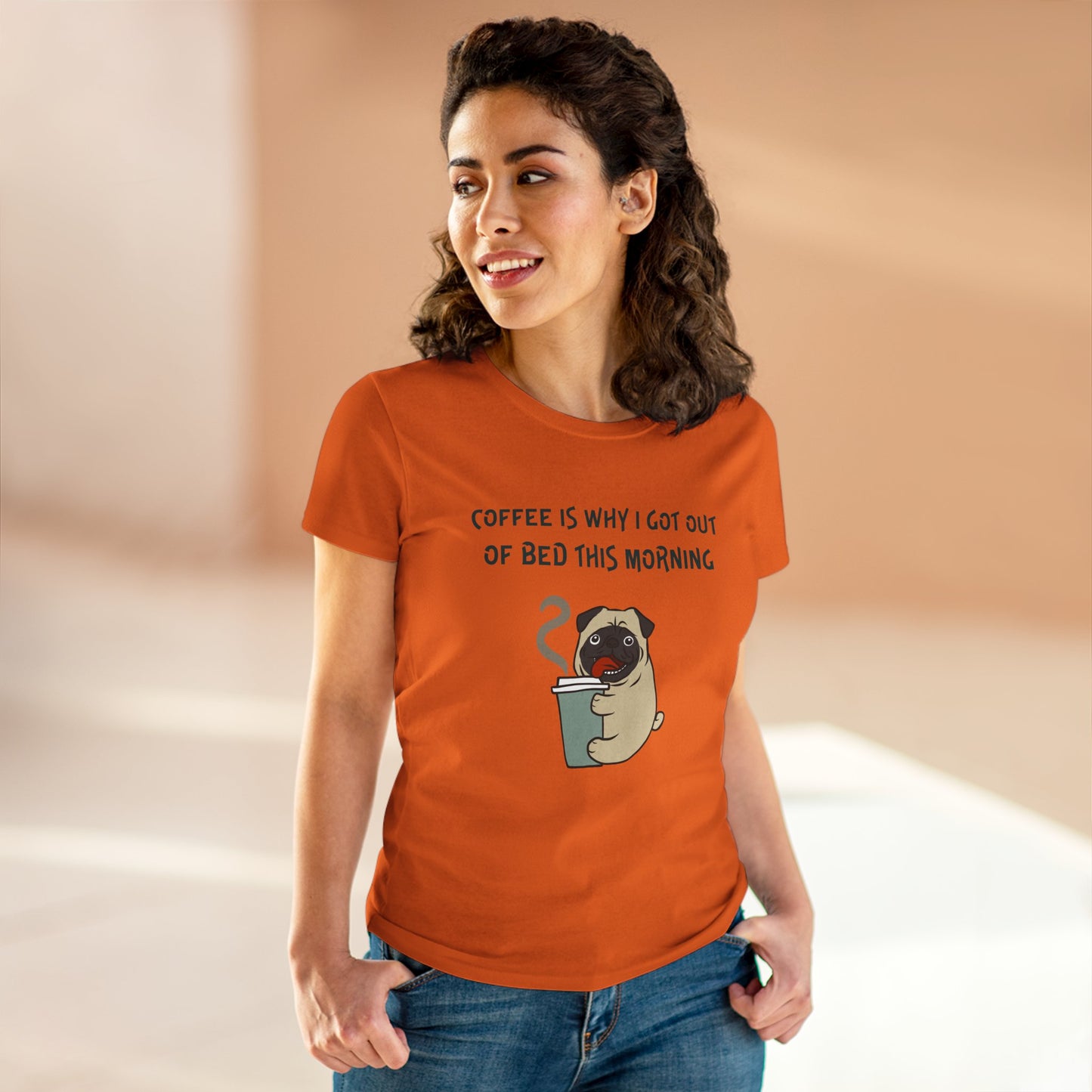 Orange bulldog coffee shirt for women featuring a cute pug with a coffee cup and morning quote