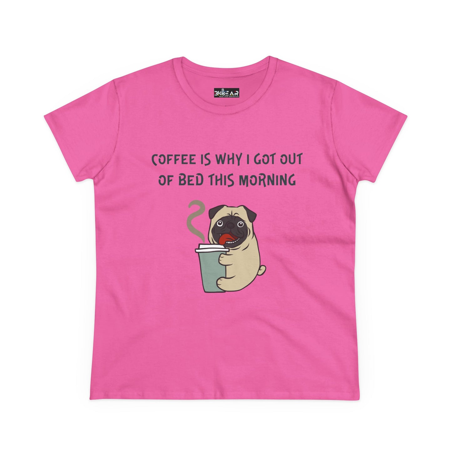 Pink Printify bulldog coffee shirt for women with cute pug holding coffee cup and funny text