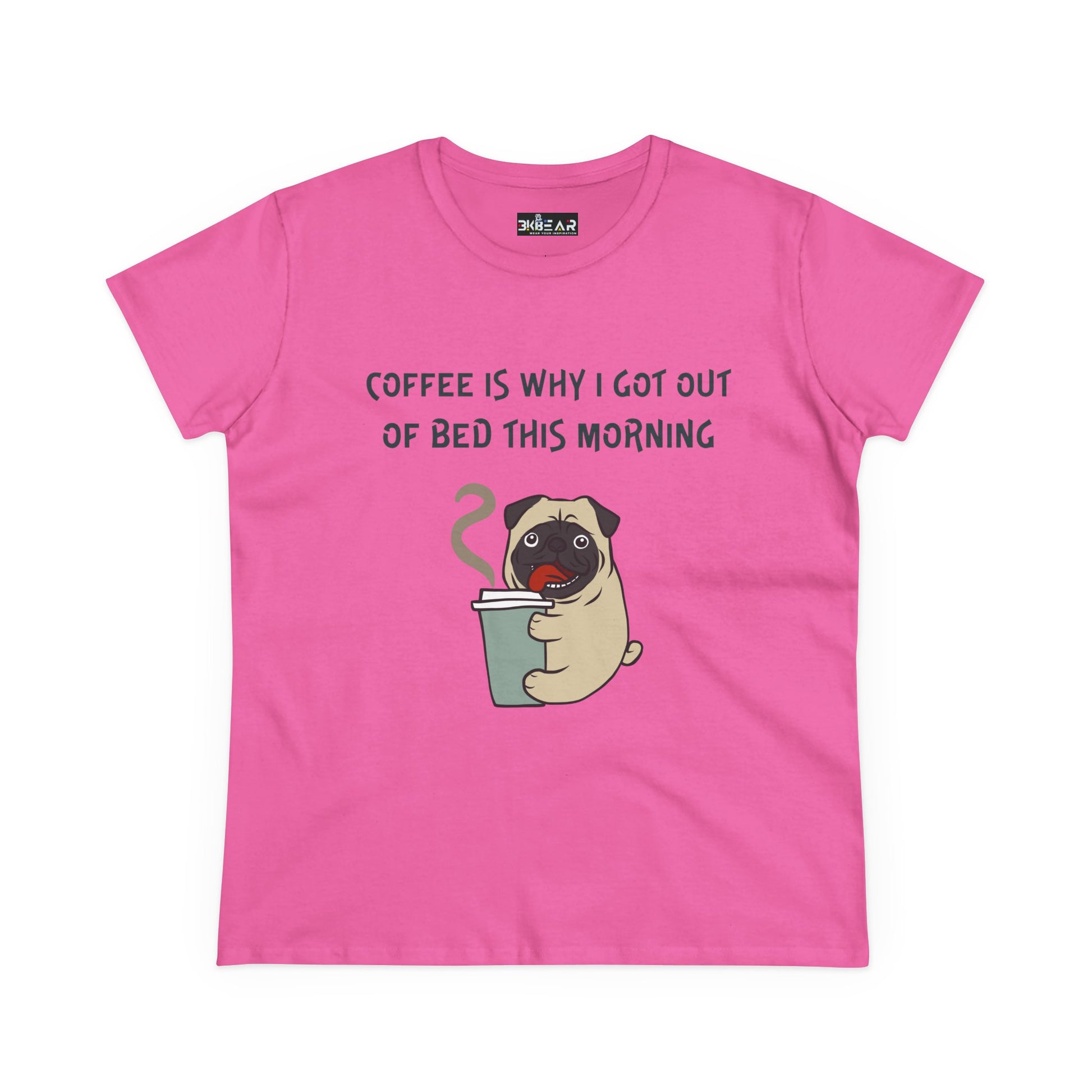 Pink Printify bulldog coffee shirt for women with cute pug holding coffee cup and funny text