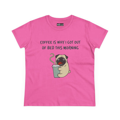 Pink Printify bulldog coffee shirt for women with cute pug holding coffee cup and funny text