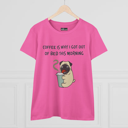 Pink bulldog coffee shirt for women with cute pug holding coffee cup and morning quote
