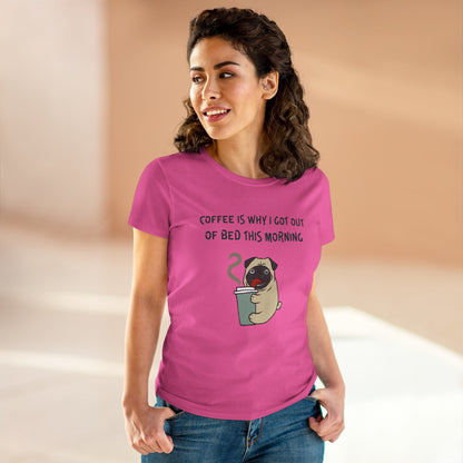 Printify pink bulldog coffee shirt for women with coffee cup graphic and morning quote