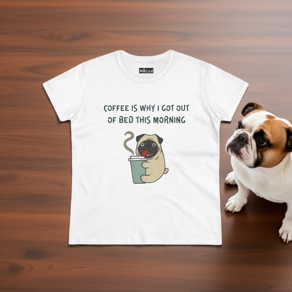 White bulldog coffee shirt for women featuring a cute pug holding a coffee cup and morning text