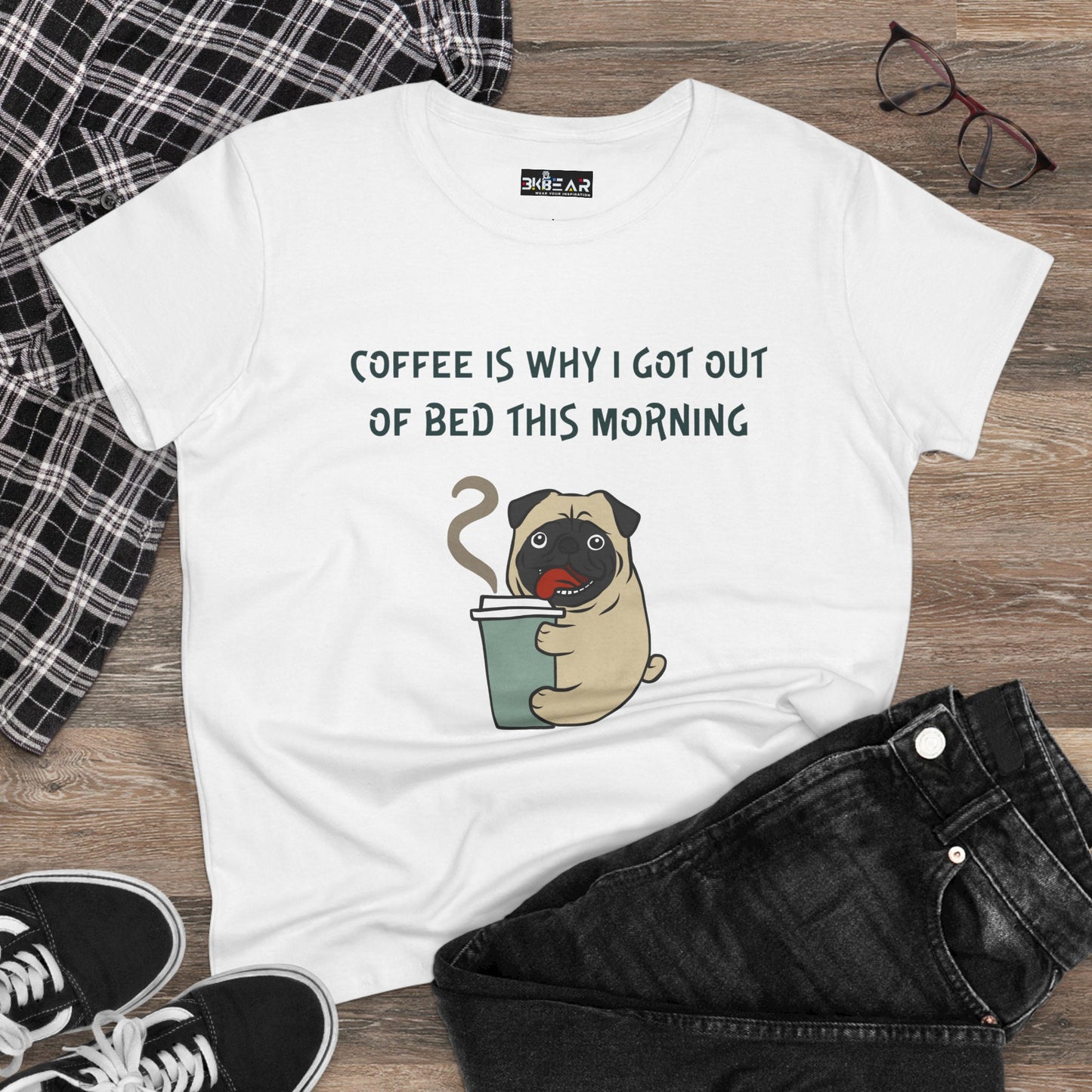 White bulldog coffee shirt for women with cartoon pug holding coffee and morning quote