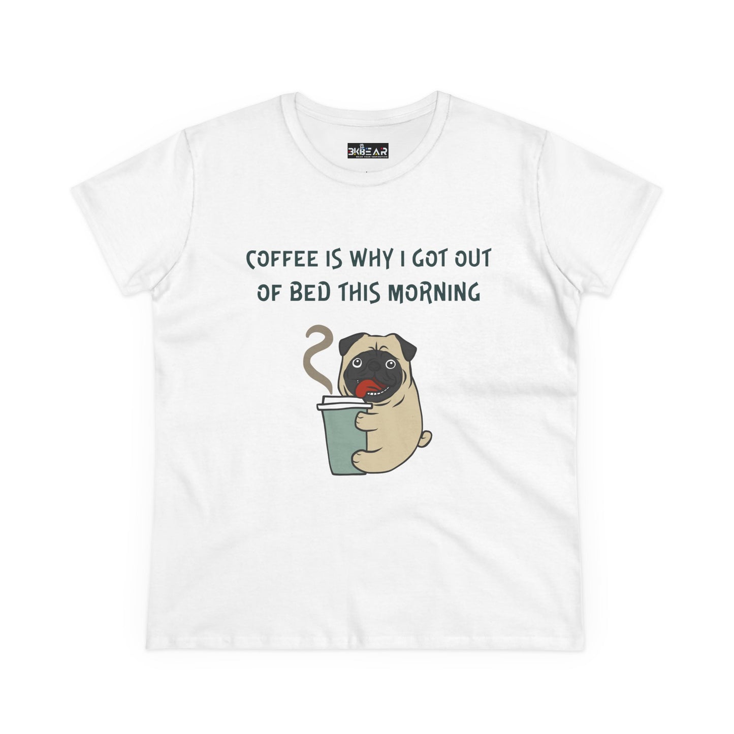 White Printify t-shirt featuring bulldog coffee shirt for women with cute pug holding a coffee cup