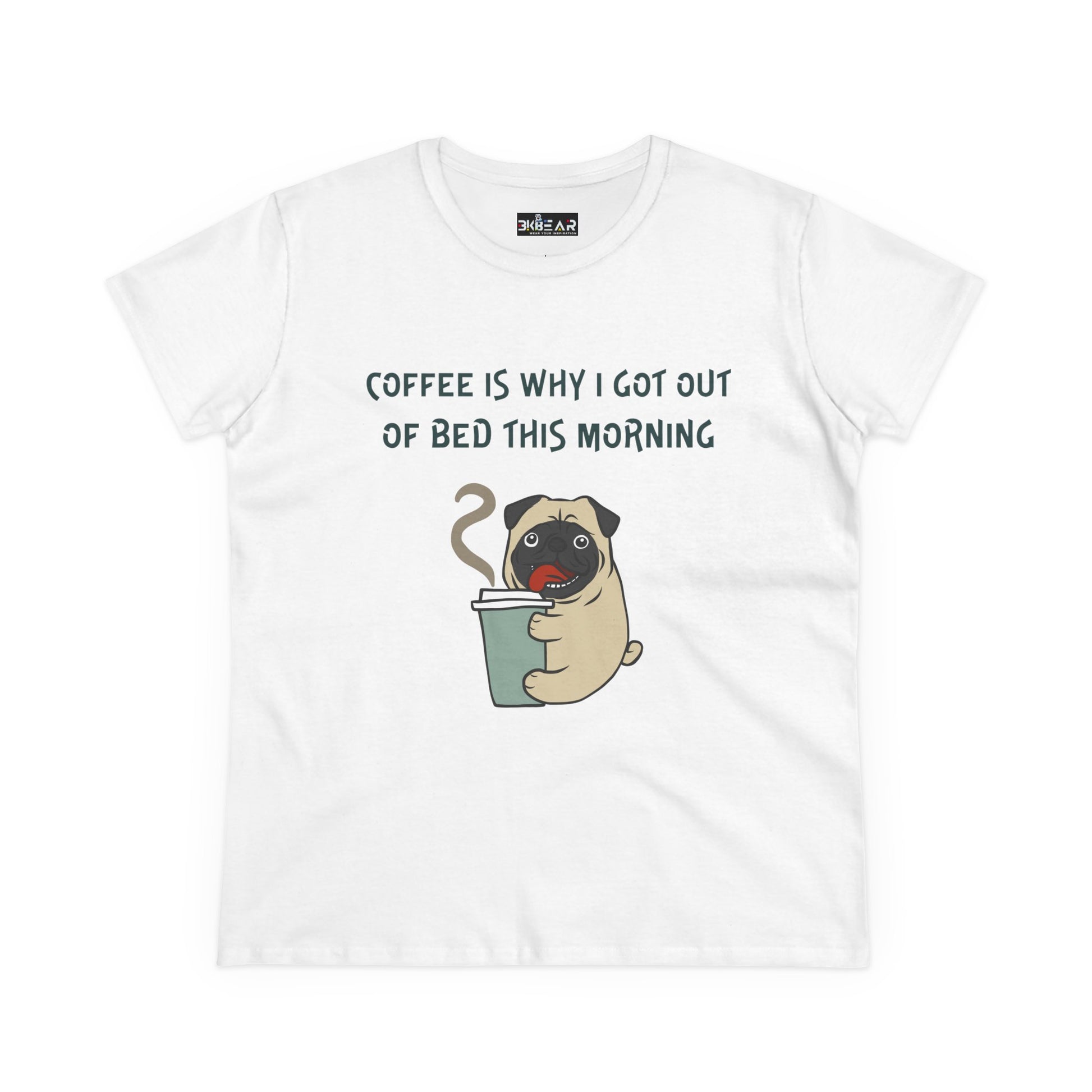 White Printify t-shirt featuring bulldog coffee shirt for women with cute pug holding a coffee cup