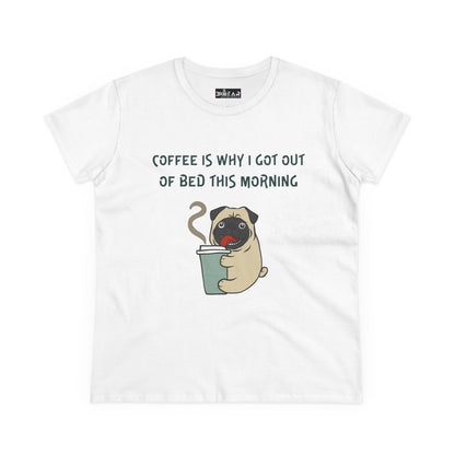 White Printify t-shirt featuring bulldog coffee shirt for women with cute pug holding a coffee cup