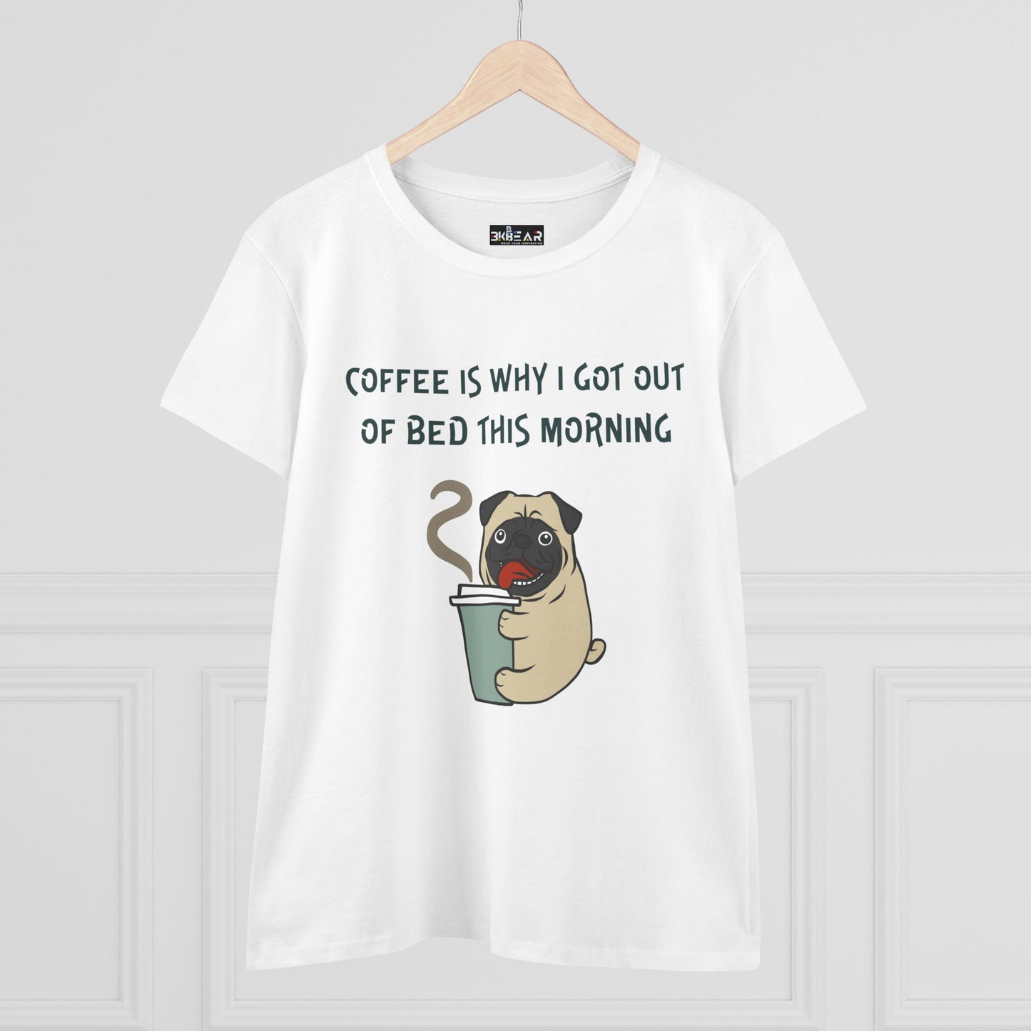 White bulldog coffee shirt for women with cartoon pug holding coffee cup and text print