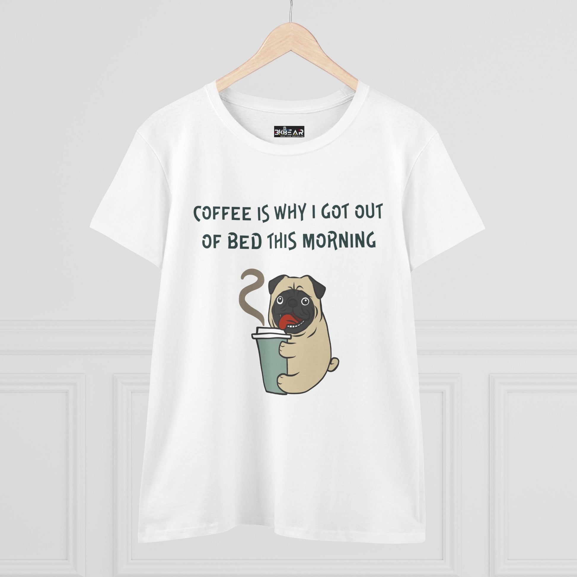 White bulldog coffee shirt for women with cartoon pug holding coffee cup and text print