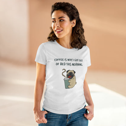 Printify white bulldog coffee shirt for women with humorous coffee and pug graphic