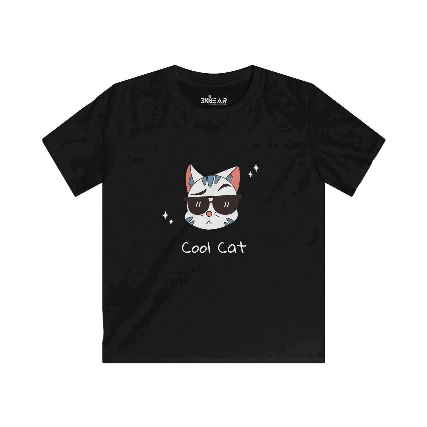 Black cat lover graphic tee kids with cool cat wearing sunglasses print by Printify