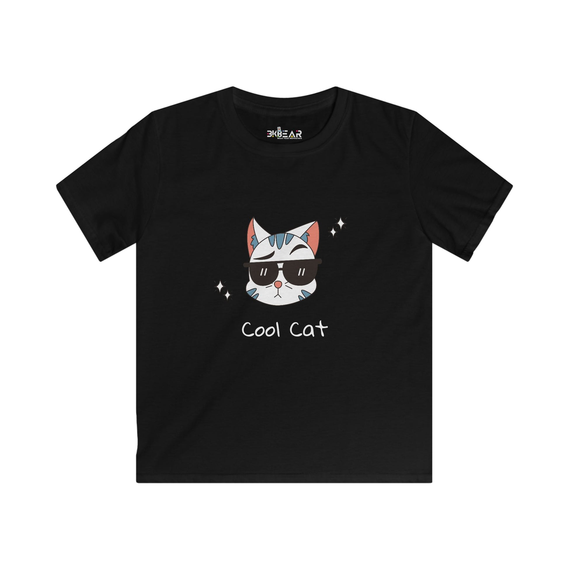 Black cat lover graphic tee kids with cool cat wearing sunglasses print by Printify