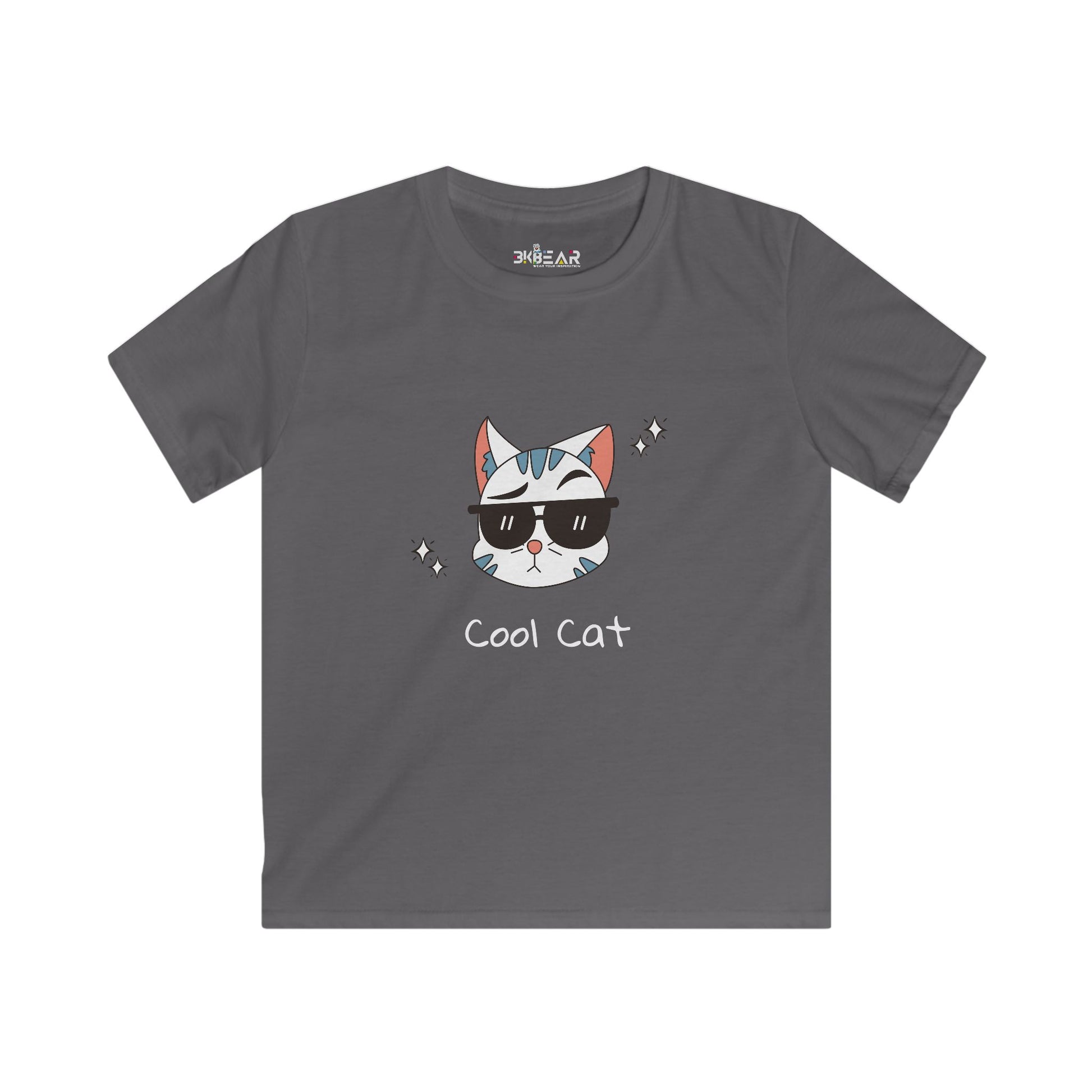 Charcoal cat lover graphic tee kids with cool cat wearing sunglasses printed on front