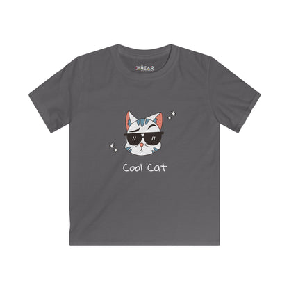 Charcoal cat lover graphic tee kids with cool cat wearing sunglasses printed on front