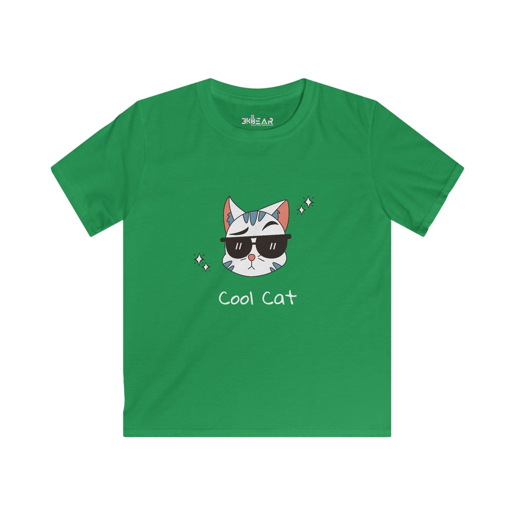 Green kids t-shirt with cool cat illustration wearing sunglasses cat lover graphic tee kids