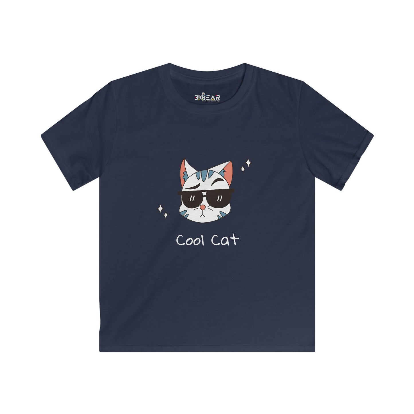 Navy Printify kids shirt with cat lover graphic tee kids design of cool cat wearing sunglasses