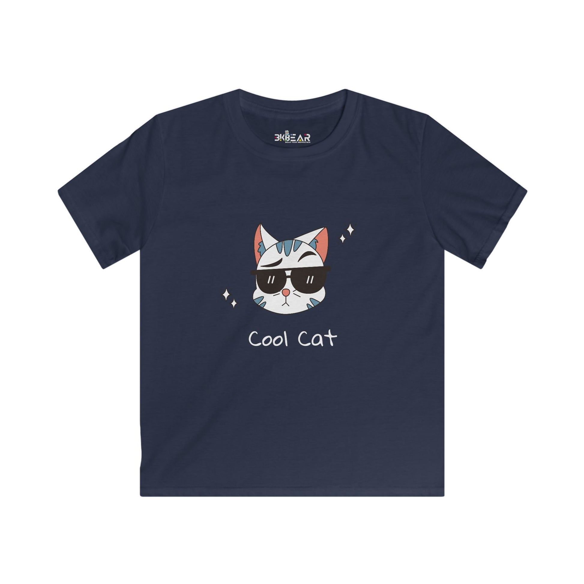 Navy Printify kids shirt with cat lover graphic tee kids design of cool cat wearing sunglasses