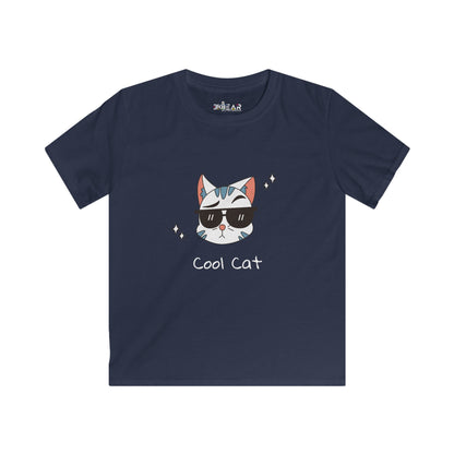 Navy Printify kids shirt with cat lover graphic tee kids design of cool cat wearing sunglasses