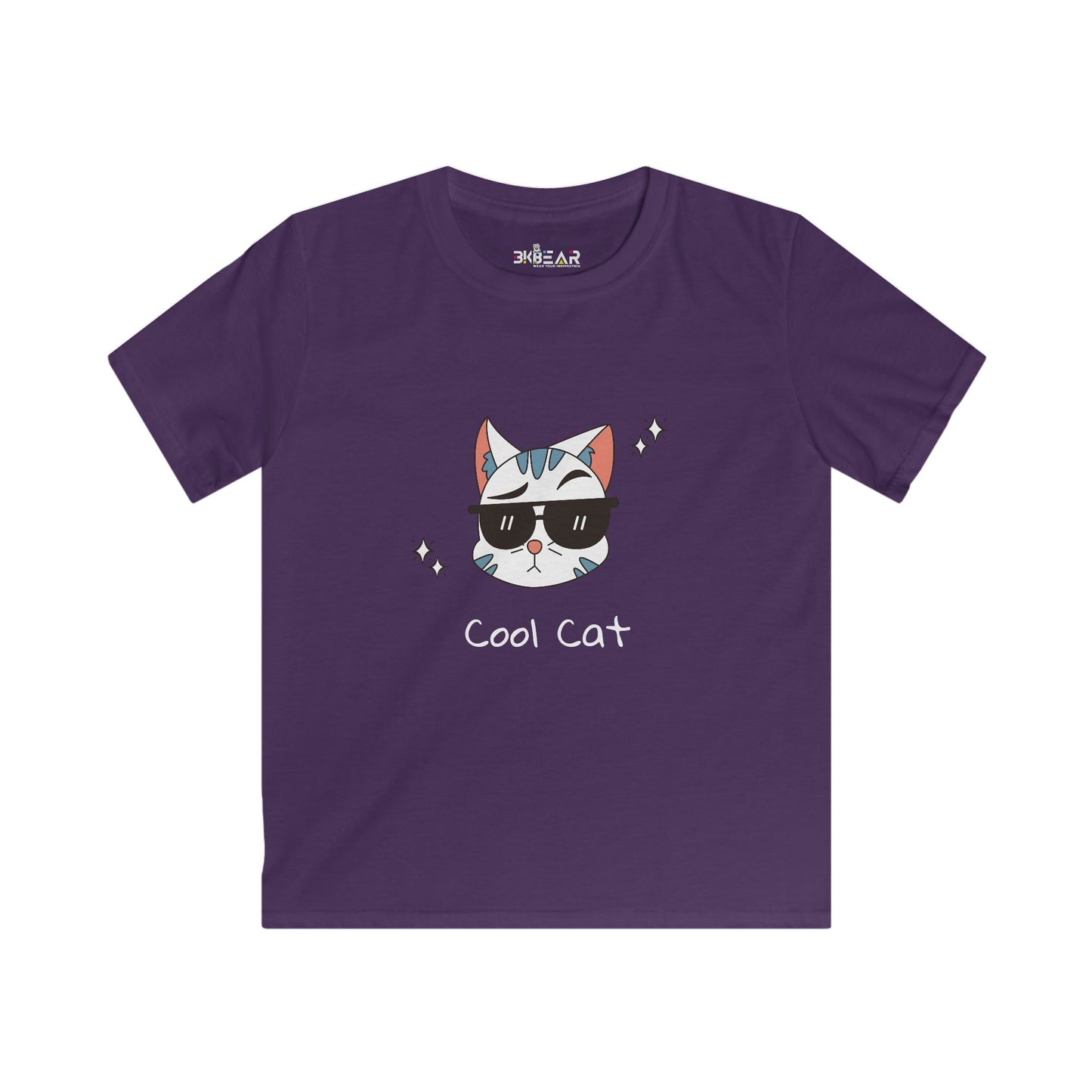 Purple cat lover graphic tee kids with cool cat wearing sunglasses printed on front
