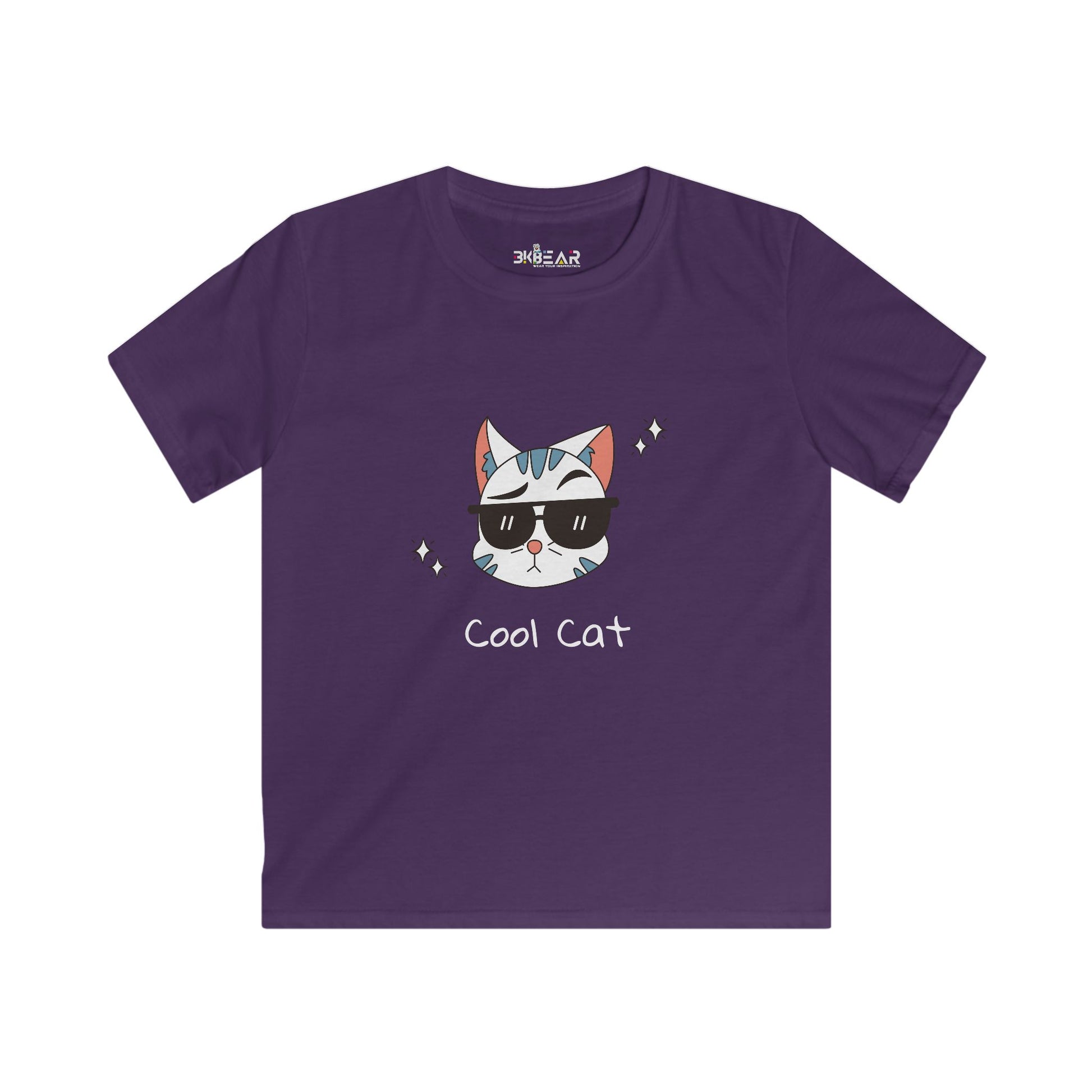 Purple cat lover graphic tee kids with cool cat wearing sunglasses printed on front