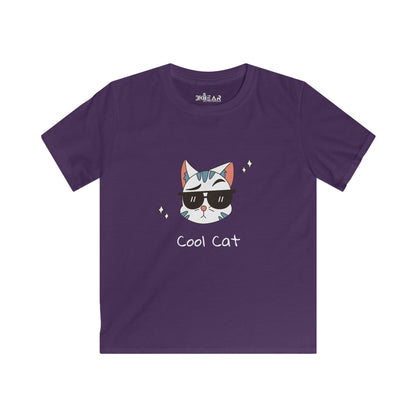 Purple cat lover graphic tee kids with cool cat wearing sunglasses printed on front