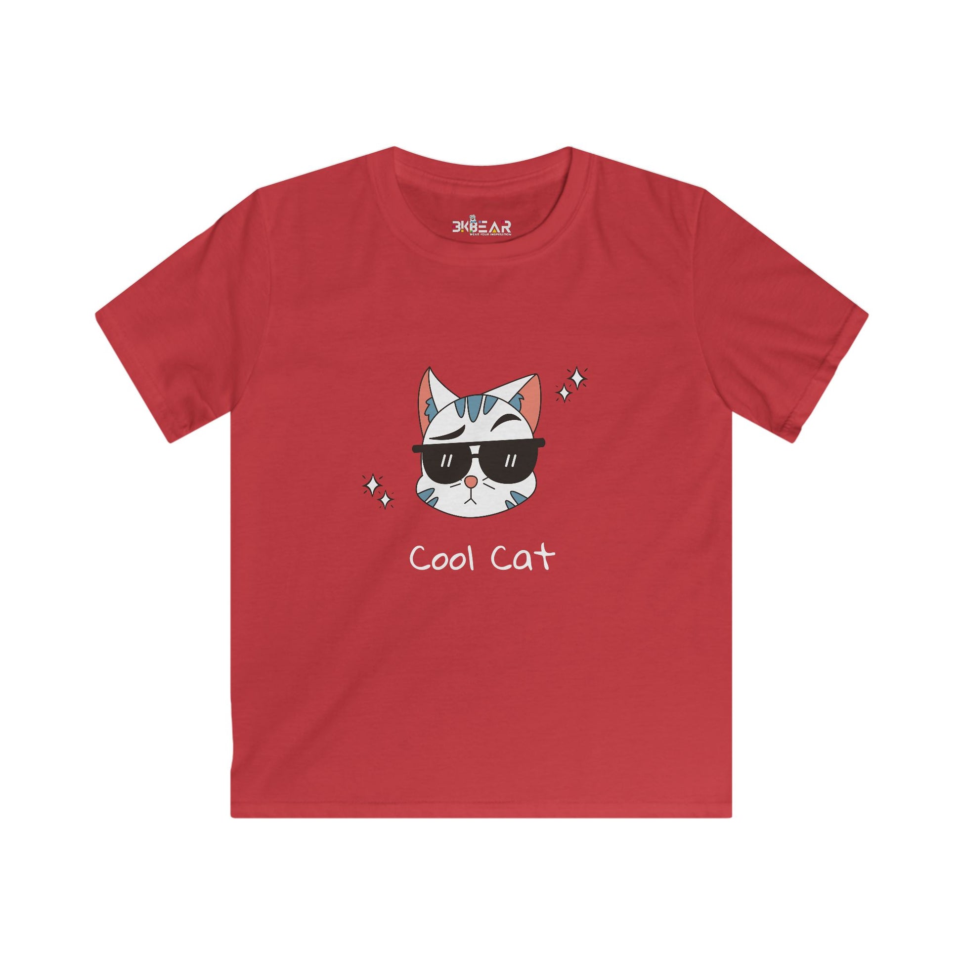 Red cat lover graphic tee kids with cool cat wearing sunglasses design by Printify