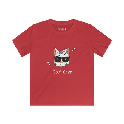 Red cat lover graphic tee kids with cool cat wearing sunglasses design by Printify