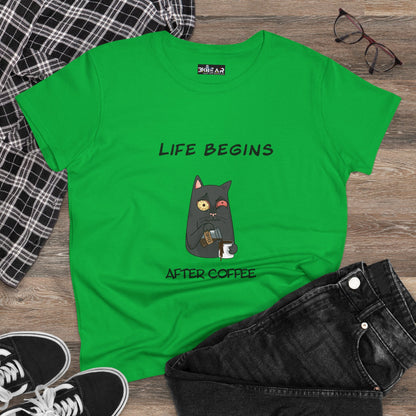 Green coffee cat t-shirt for women with a black cat holding coffee and text life begins after coffee