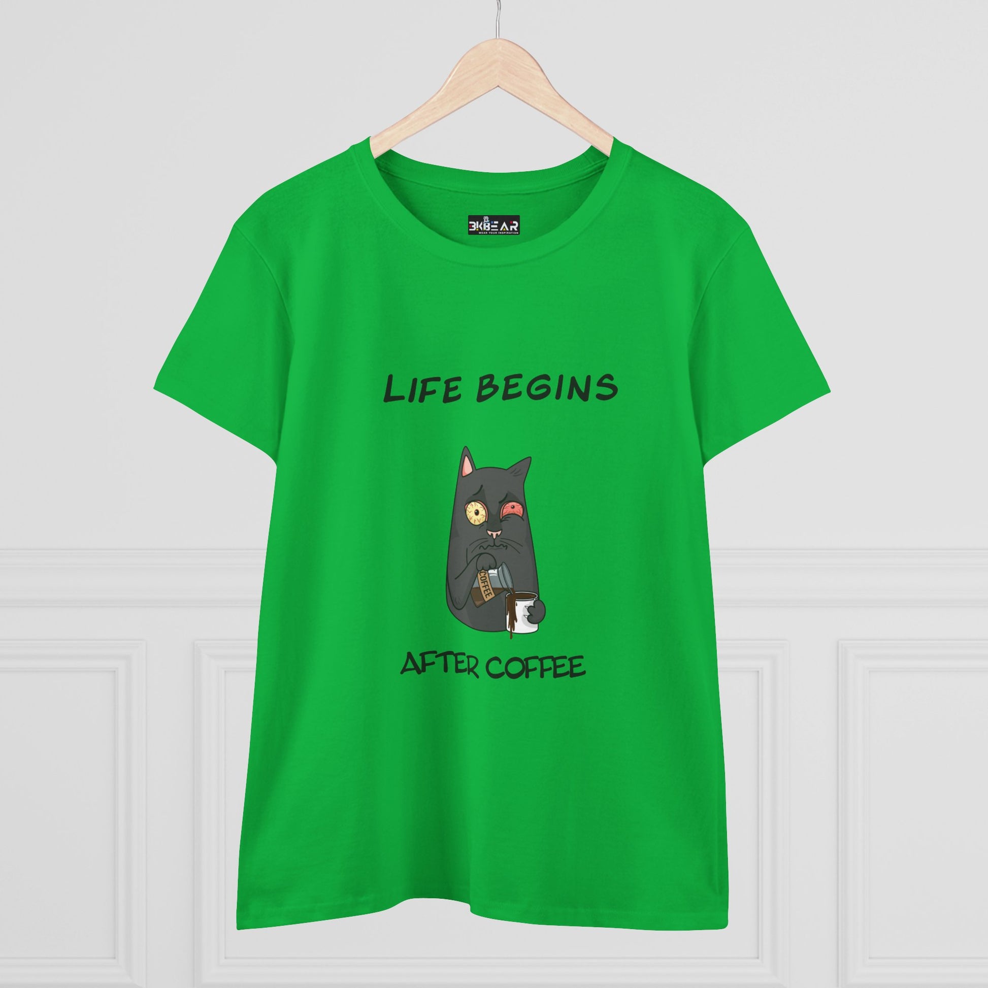 Green coffee cat t-shirt for women with funny life begins after coffee graphic