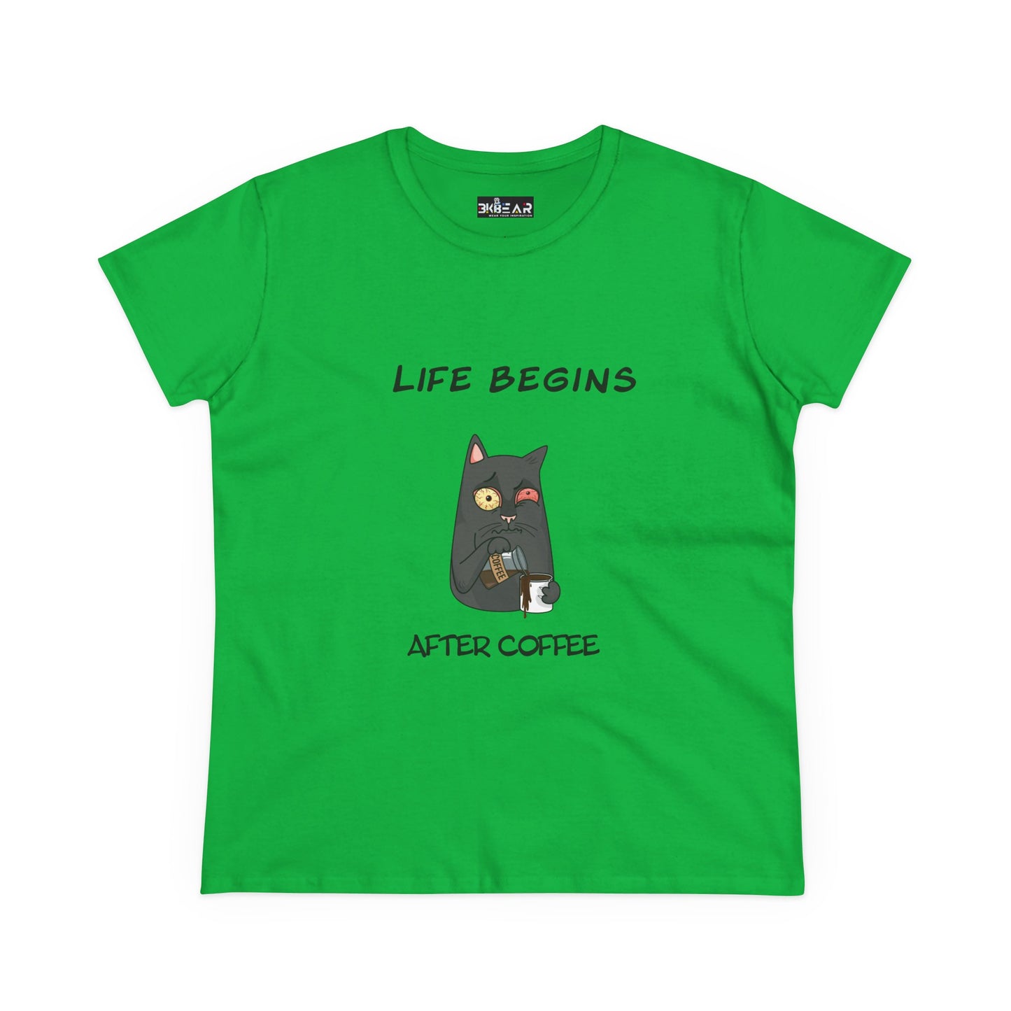 Green Printify coffee cat t-shirt for women with cartoon cat holding coffee cup and text design