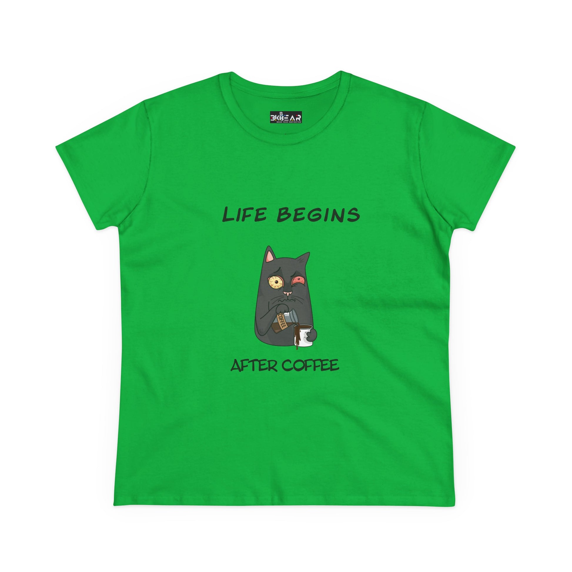 Green Printify coffee cat t-shirt for women with cartoon cat holding coffee cup and text design