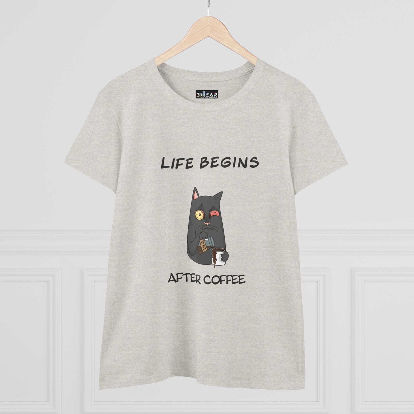 Coffee cat t-shirt for women with Life Begins After Coffee graphic and black cat holding a coffee cup