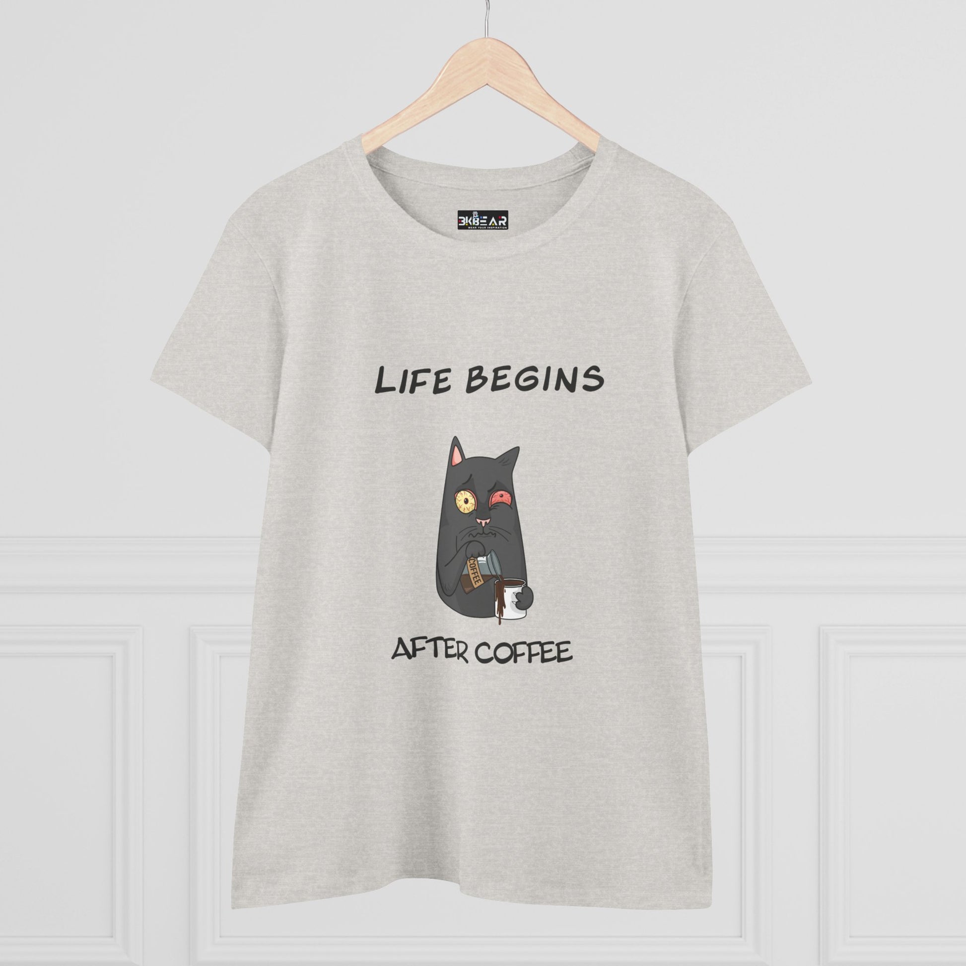 Coffee cat t-shirt for women with Life Begins After Coffee graphic and black cat holding a coffee cup